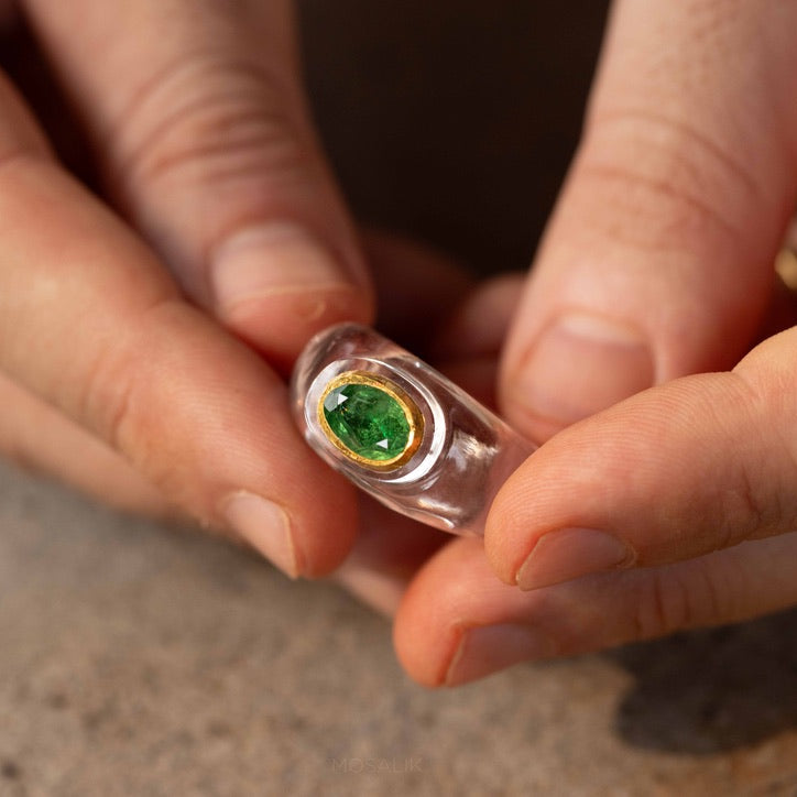 Carved Rock Crystal Ring Kundan Set Tsavorite.