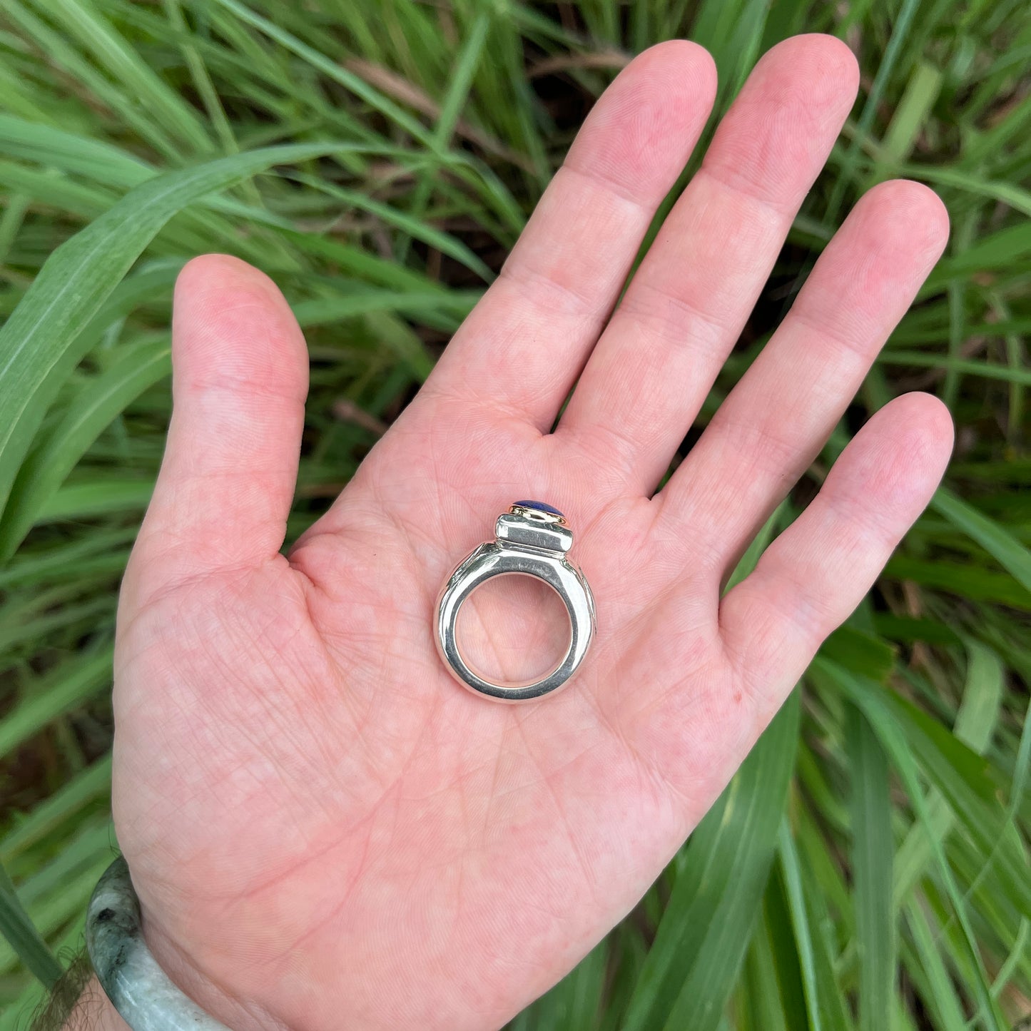 Heavy Carved Silver Lapis Set Ring