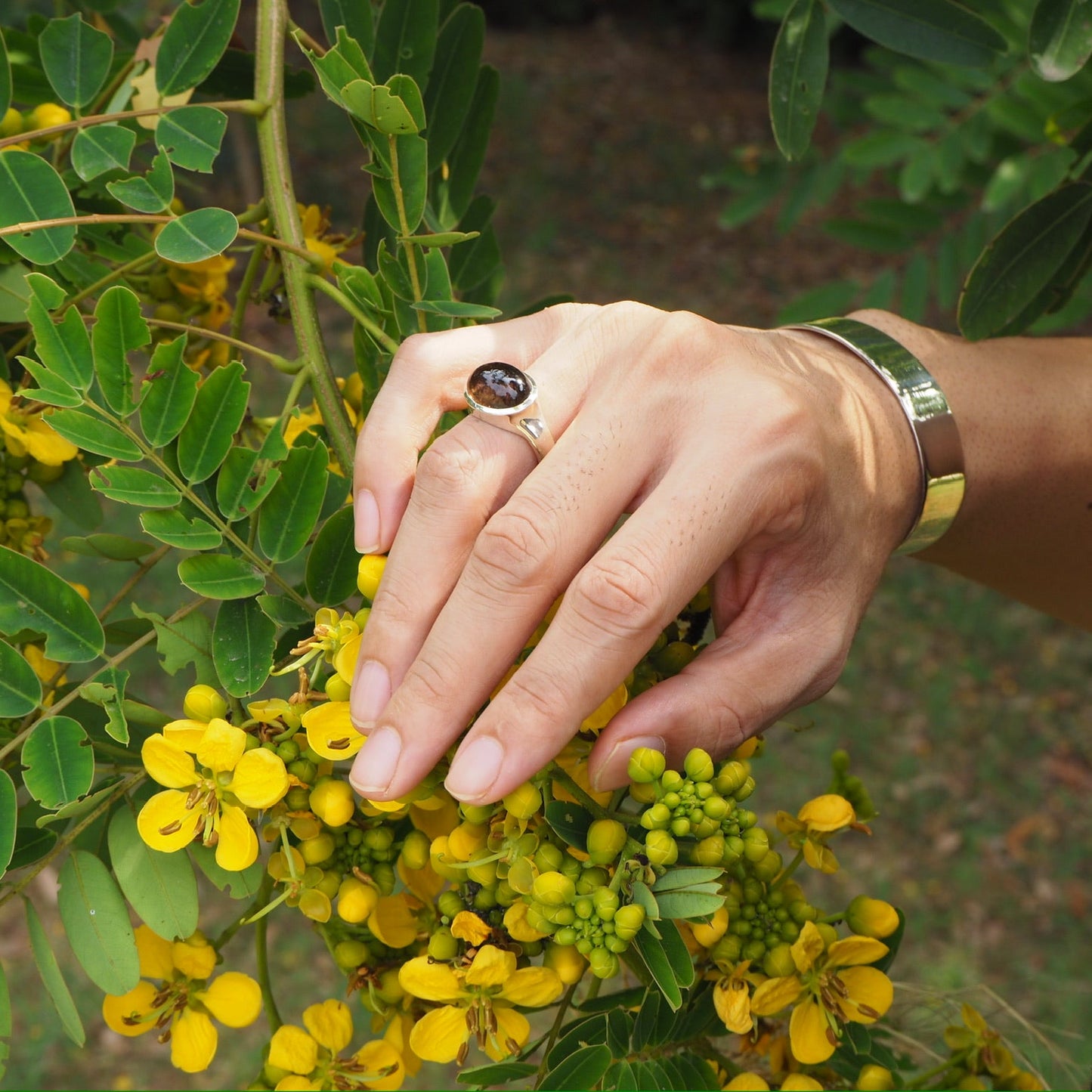 Wide Band Natural Smokey Quartz Ring.
