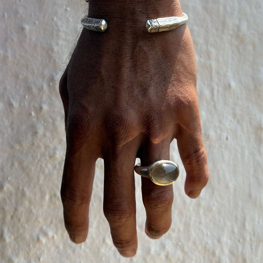 Wide Band Natural Grey Moonstone Ring.