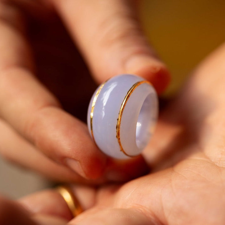 Carved Blue Chalcedony Kundan Ring.