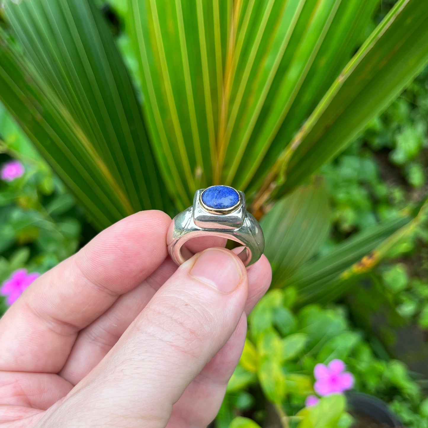 Heavy Carved Silver Lapis Set Ring