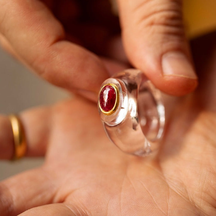 Carved Rock Crystal Ring Kundan Set Spinel.