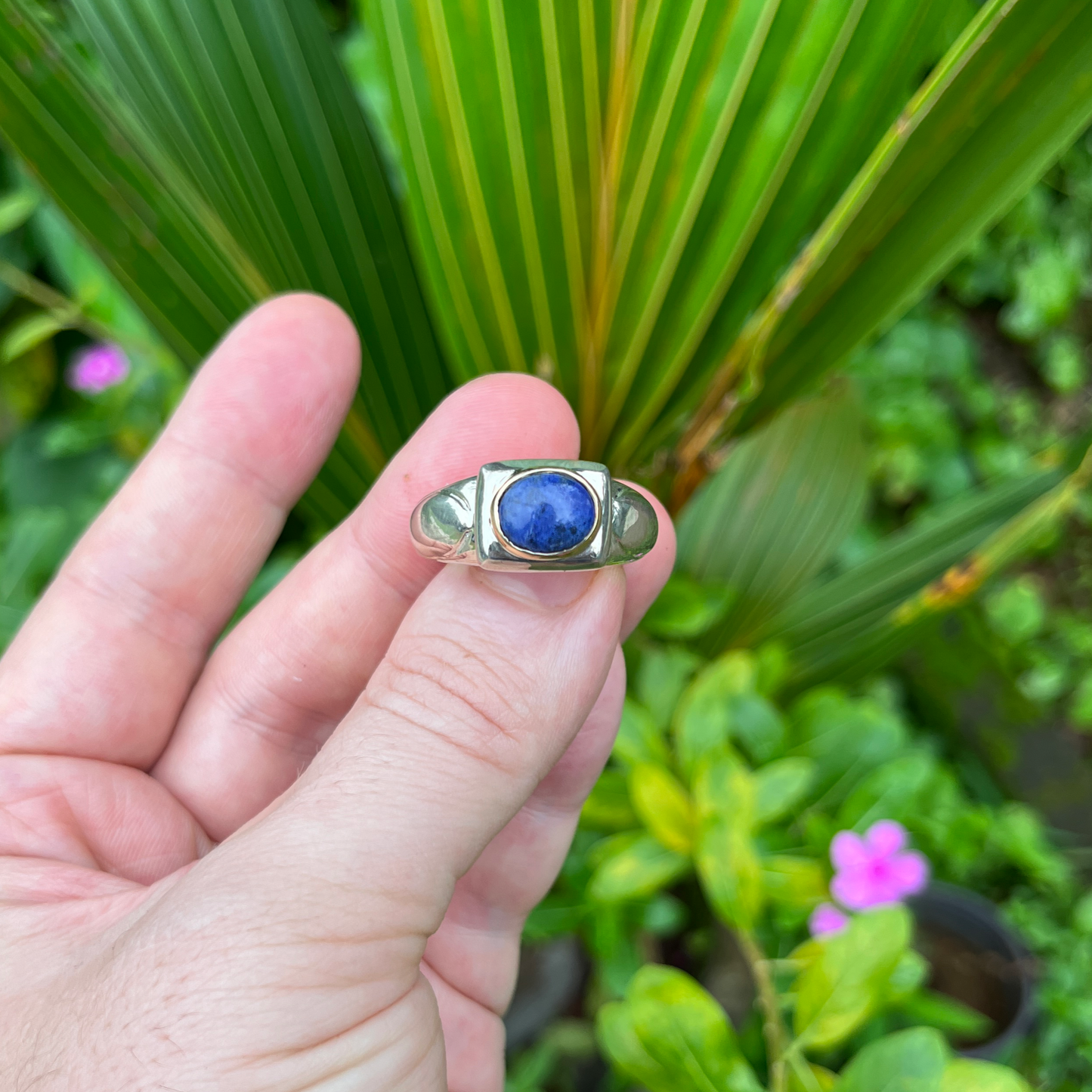 Heavy Carved Silver Lapis Set Ring