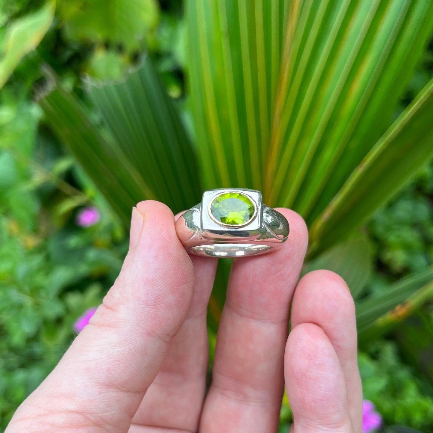 Heavy Carved Silver Peridot Set Ring