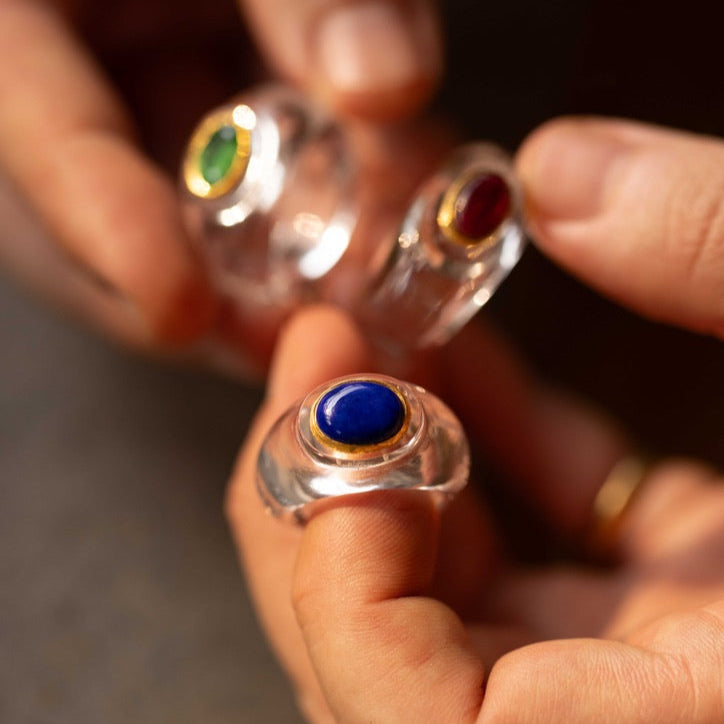 Carved Rock Crystal Ring Kundan Set Lapis Lazuli.