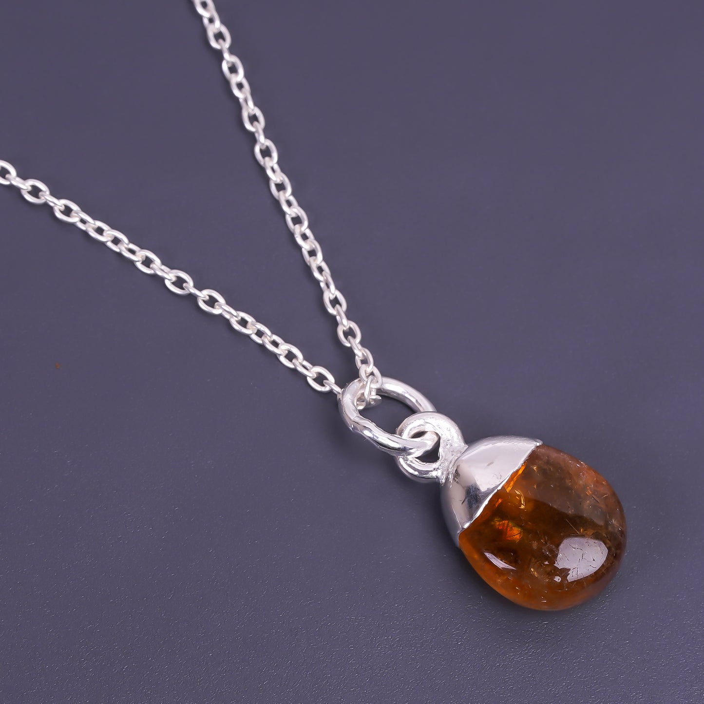 water droplet mens sterling silver chain Hessonite Garnet pendant necklace
