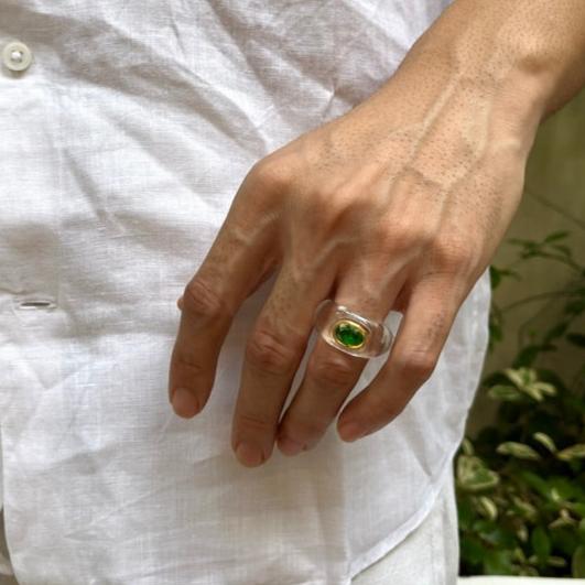 Carved Rock Crystal Ring Kundan Set Tsavorite.