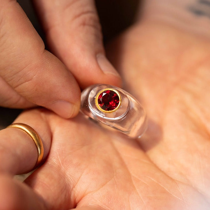 Carved Rock Crystal Ring Kundan Set Garnet.