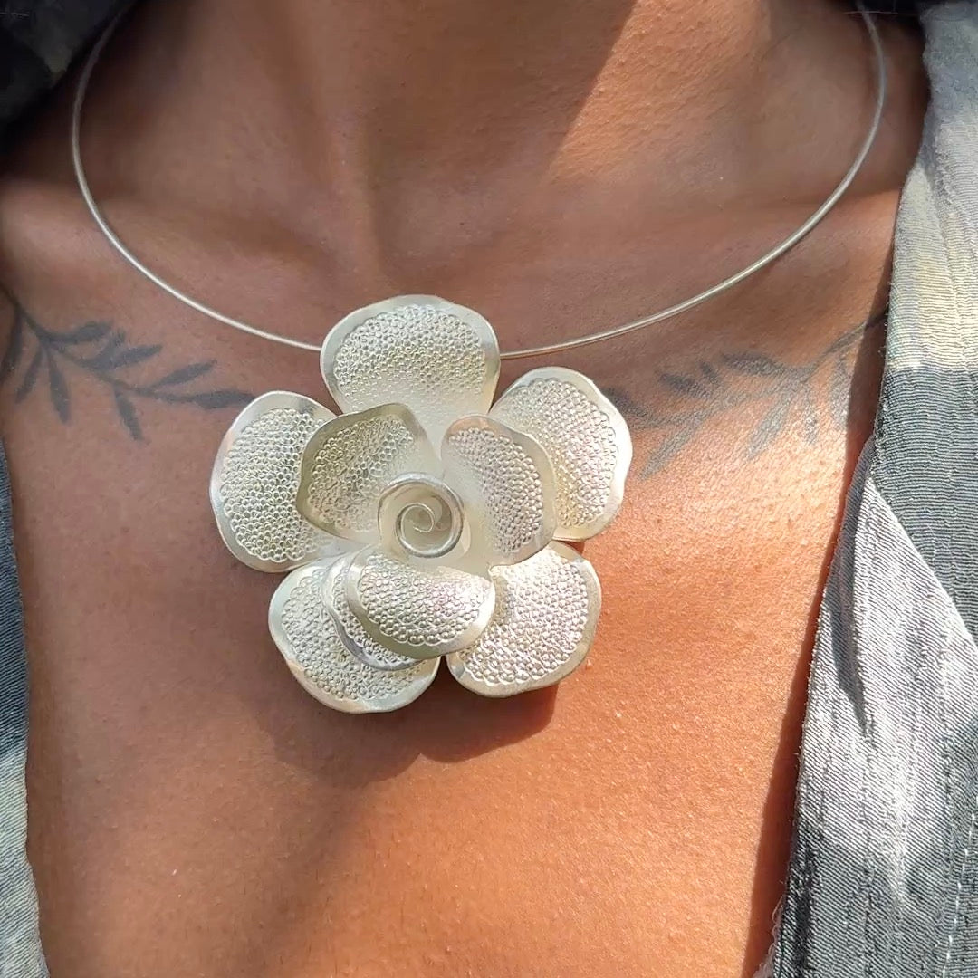 Handmade Sterling Silver Rose Pendant (textured petals)