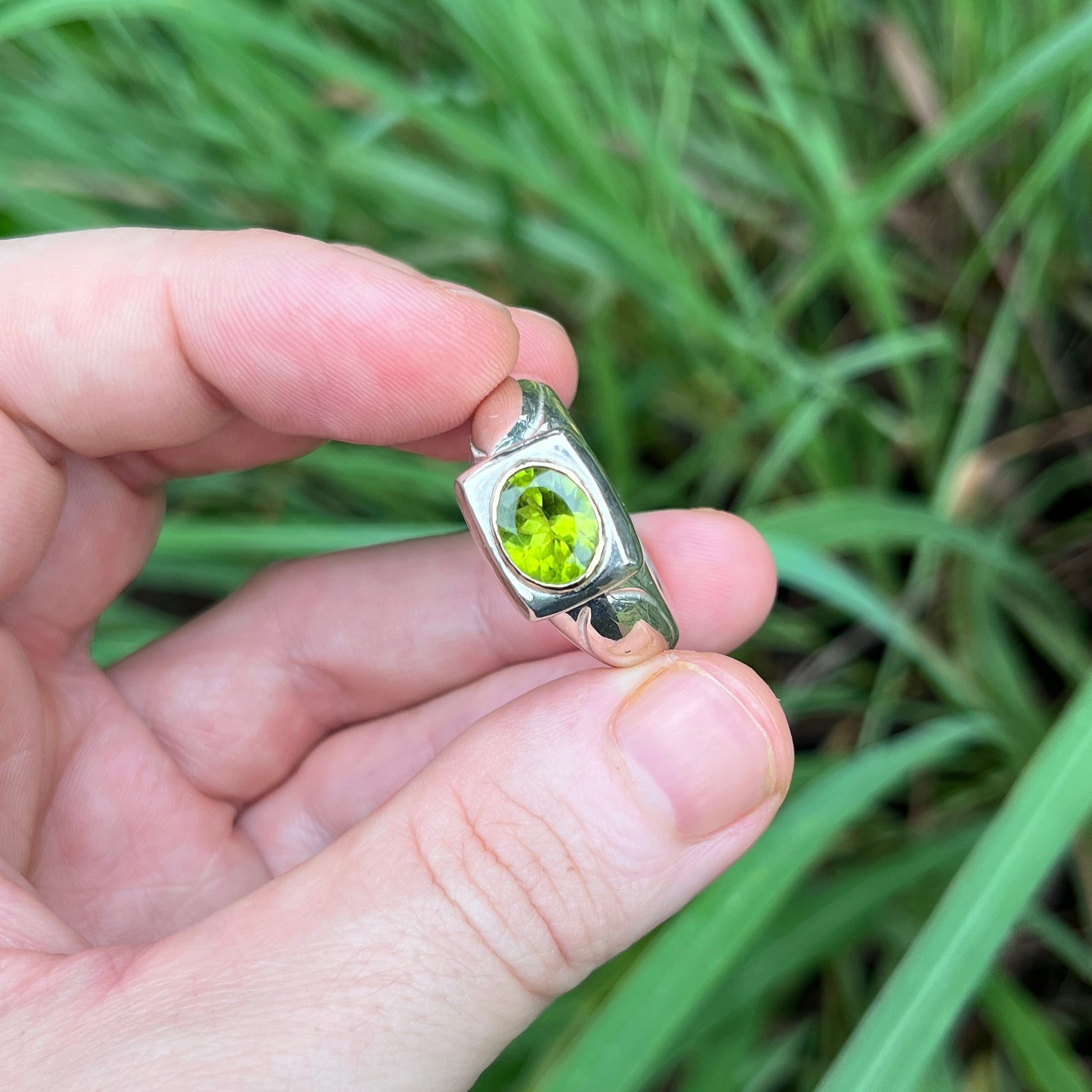 Heavy Carved Silver Peridot Set Ring