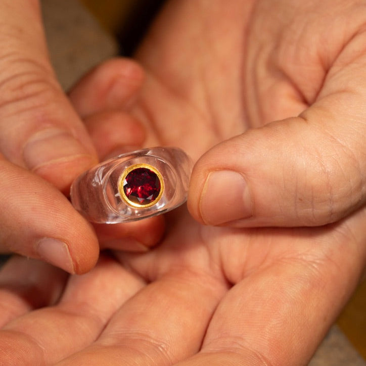 Carved Rock Crystal Ring Kundan Set Garnet.