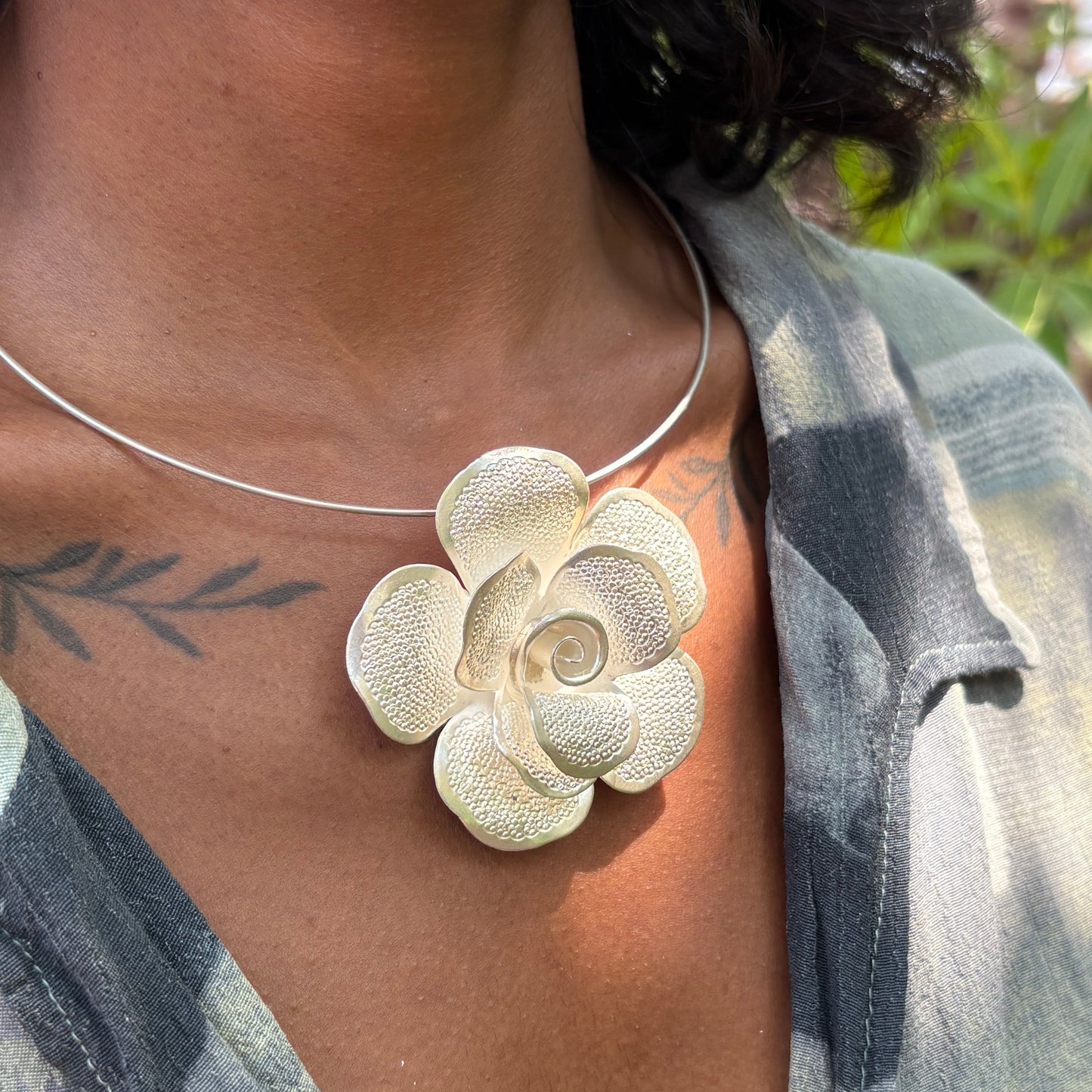 Handmade Sterling Silver Rose Pendant (textured petals)